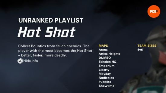 XDefiant game modes: Hot Shot game mode menu screen with a blue background.