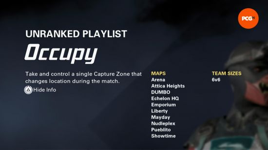 XDefiant game modes: Occupy game mode menu screen with a blue background.