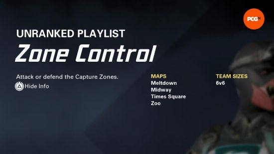 XDefiant game modes: Zone Control game mode menu screen with a blue background.