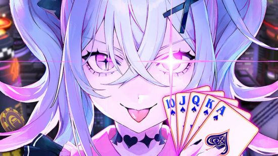 All in Abyss Steam: an anime girl sticks her tounge out while holding up a hand of playing cards
