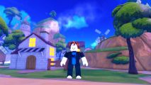 Anime Defenders codes: a Roblox man standing outside a house.