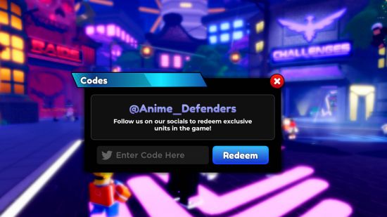 The Anime Defenders codes redeem screen.