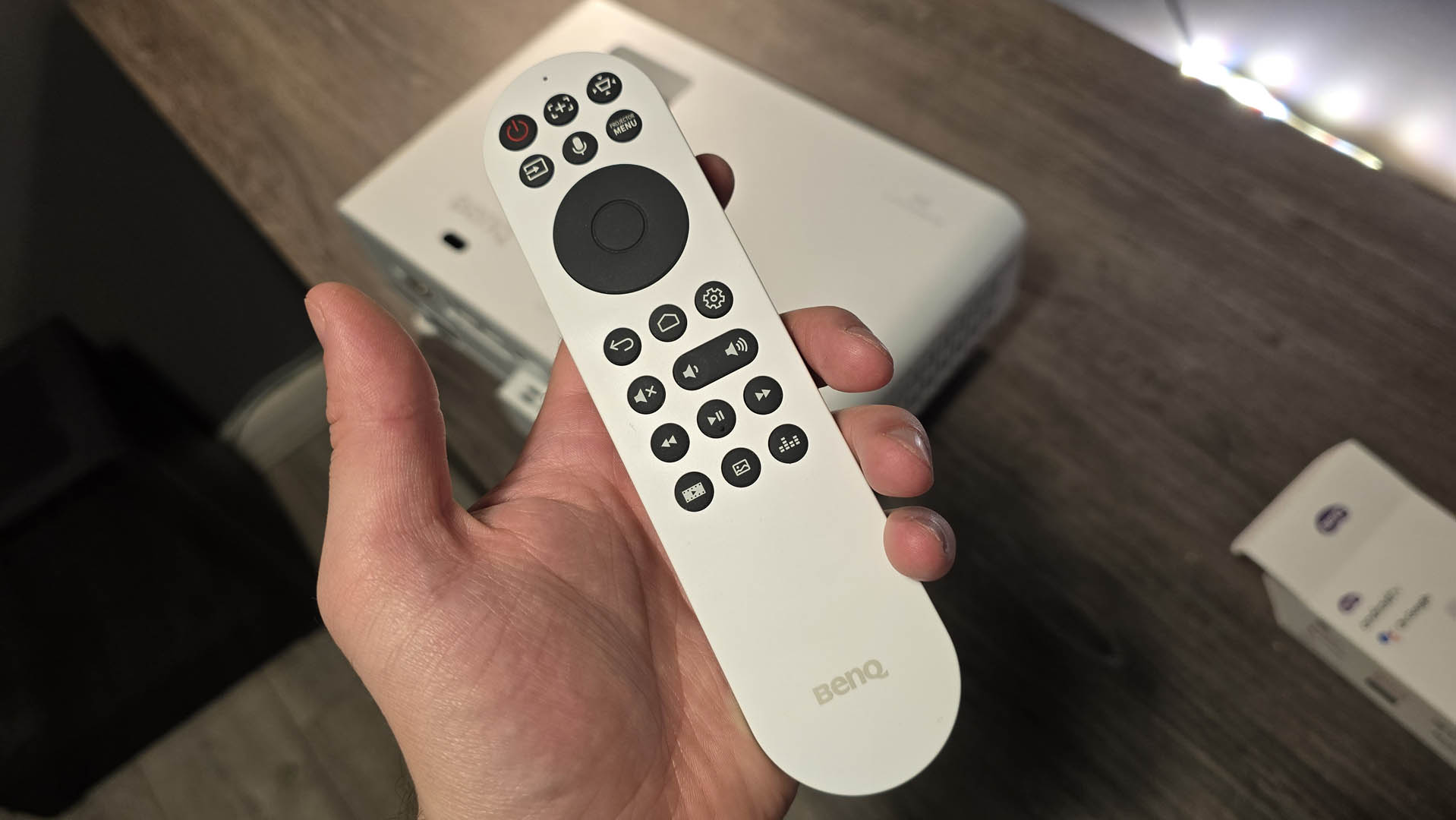 The remote control for the BenQ X500i gaming projector