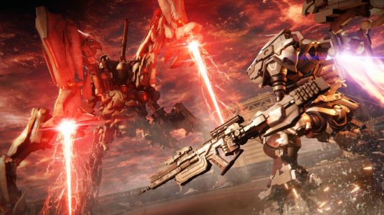 Best action games: two mechs stand to face off each other in Armored Core 6.