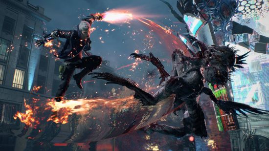 Best action games: Nero uses his man-made arm augment to slay a demon in Devil May Cry 5.