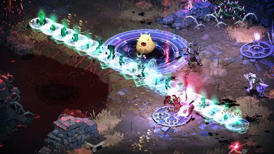 Best action games: Melinoë dashes through enemies in Hades 2, leaving a trail of blue portals.