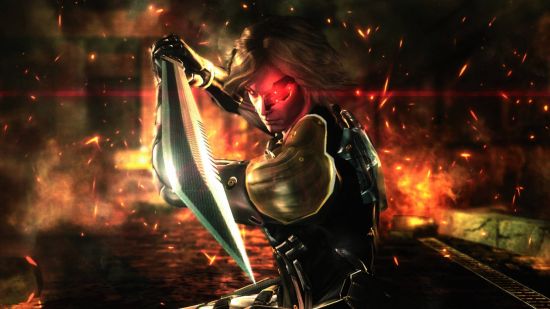 Best action games: Raiden draws a sword and has a glowing eye as everything around him burns in MGR Revengeance.