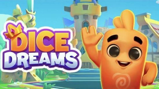 Best Android games: Dice Dreams. Image shows a friendly creature hopping up beside the game's logo.