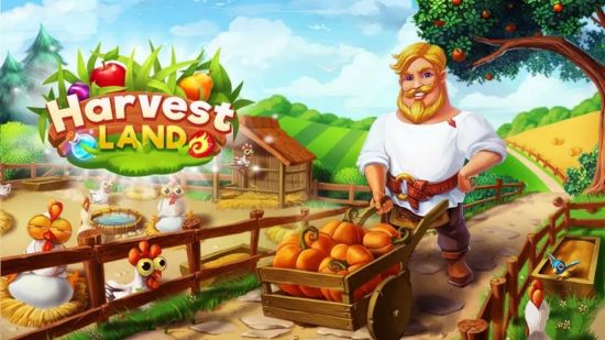 Best Android games: Harvest Land. Image shows a burly farmer walking along beside the game's logo.