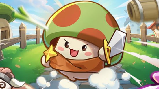 Best Android games: Legend of Mushroom. Image shows a mushroom character standing and holding a sword in a promotional image from the game.