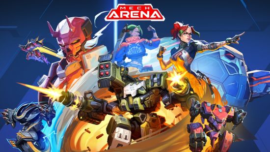 Best Android games: Mech Arena. Image shows the game's logo and a bunch of characters from the game rendered in an anime-like art style.