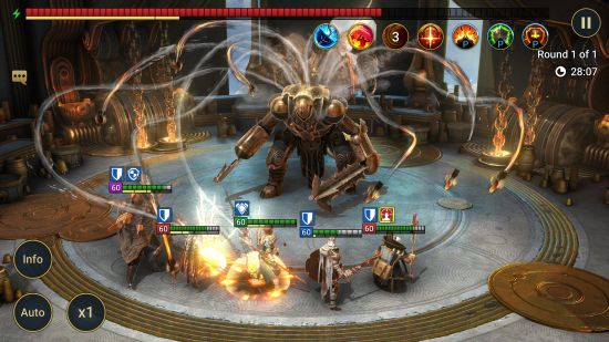 Best Android games: Raid: Shadow Legends. Image shows a battle between a team of champions and a large semi-mechanical creature.