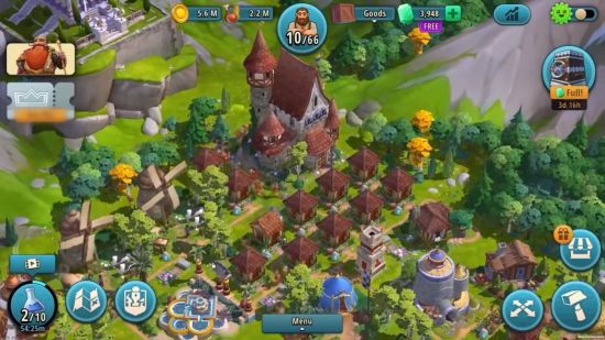 Best Android games: Rise of Cultures. Image shows a bustling town with a windmill and villagers scurrying around.