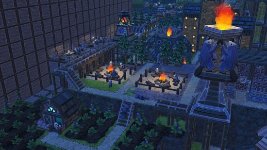A colony of beavers gather around campfires in a lumber city in Timberborn, one of the best building games.