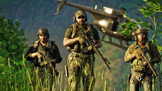 Three Gray Zone Warfare soldiers standing in a field with a helo taking off behind them