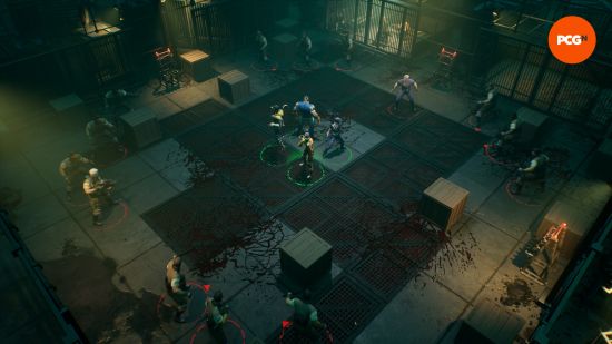 Capes review: superheroes surrounded by enemies in a bloody room.
