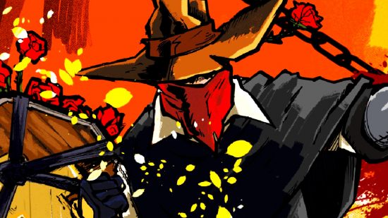 Chambers The Outlaw - Cartoon image of a Wild West gunslinger wearing a wide-brimmed hat and a red scarf across their face.