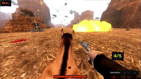 Chambers The Outlaw - Screenshot of the player riding a horse through an arid desert while holding a revolver. An explosion goes off to their right, while to their left stands a giant scorpion built from revolver parts.