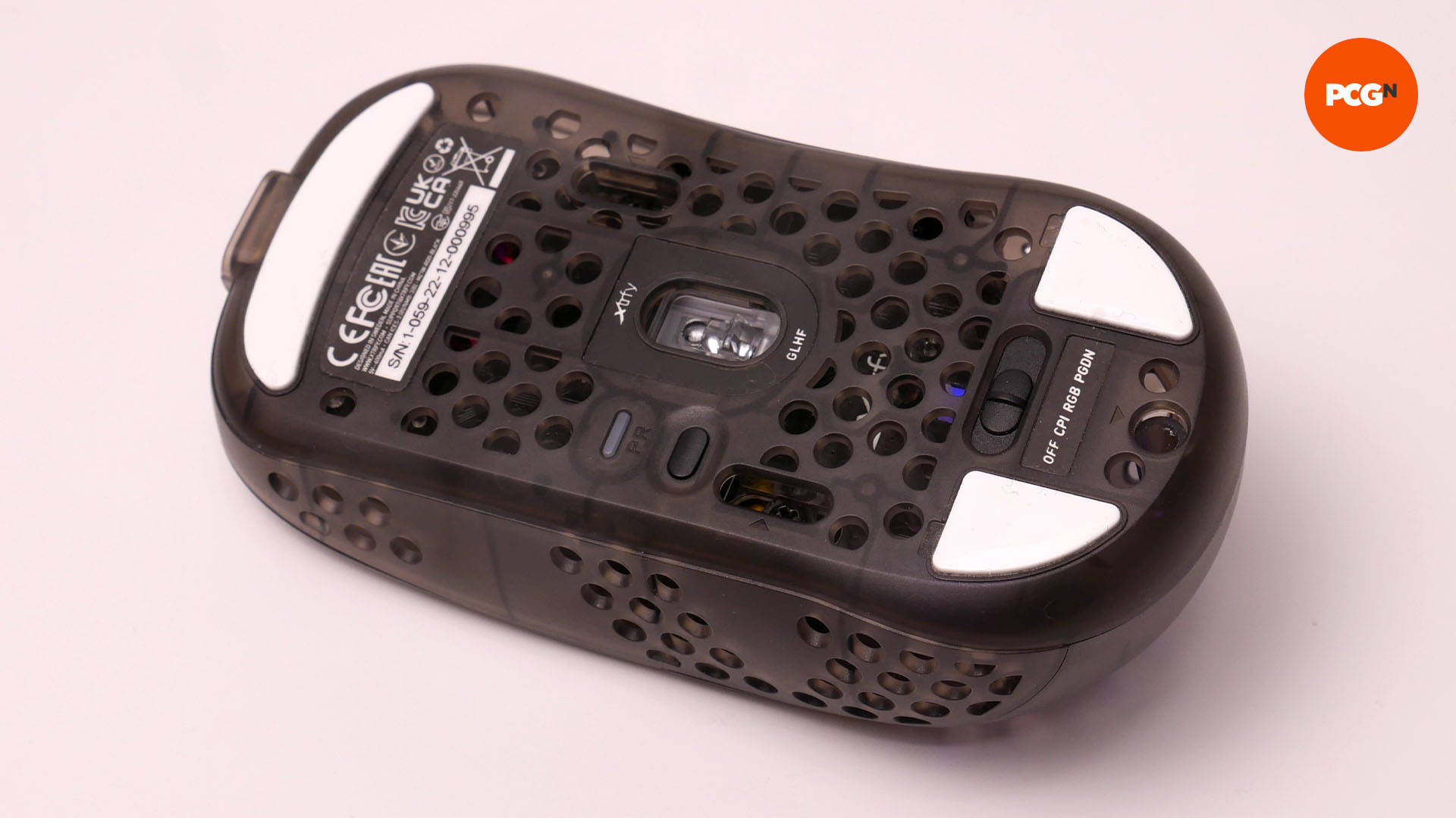 The underside of the Cherry XTRFY MZ1 wireless mouse