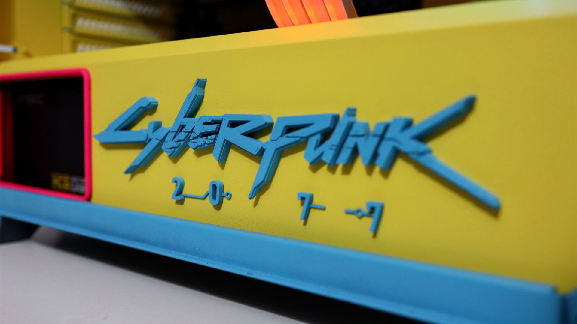 The logo on the PSU shroud inside the Cyberpunk 2077 gaming PC