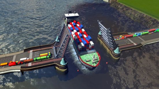 Cities Skylines mods: a drawbridge opening to allow a cargo ship to pass.