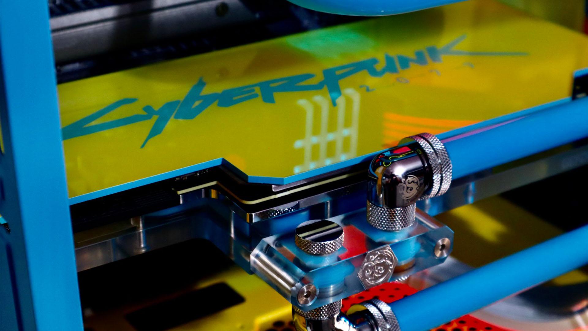 The Cyberpunk 2077 gaming PC with a custom yellow and blue GPU backplate