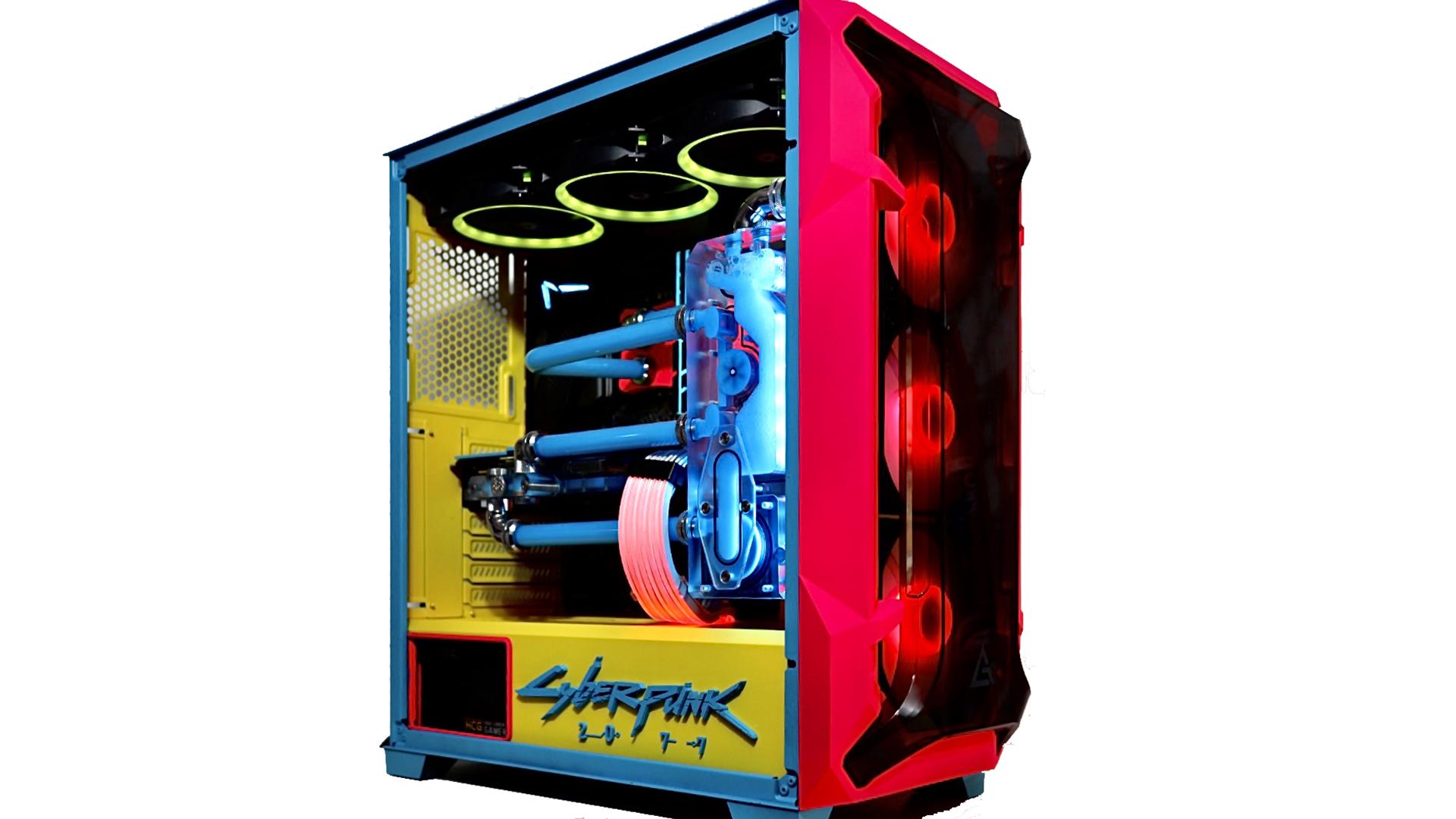 The Cyberpunk 2077 gaming PC with its side panel off