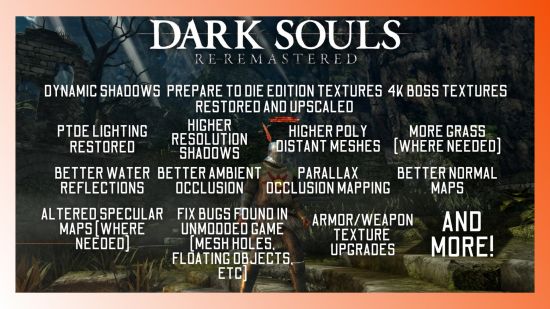 Dark Souls Remastered just got remastered again with new free mod: A screenshot of an X post detailing the new features in the Dark Souls Re-Remastered mod.