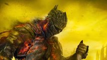 Dark Souls Steam sale trilogy: a knight bowed in reverence letting sand slip through their fist, surrounded by a hazy yellow sky