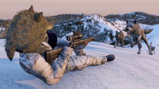 DayZ DLC merger: a man lying on his back holding a rifle, about to shoot three wolves running at him