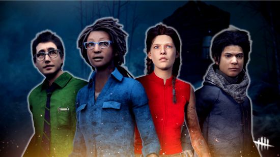 DBD cross progression: Dwight, Claudete, Meg, and Jake stand next to each other looking tensely towards something behind the camera.