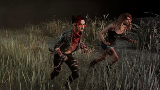 DBD crossplay: Nea and Kate run from a game together.