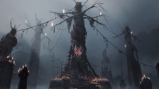 Dead by Daylight dev announces new spinoff horror shooter: Huge vine and wood figures stand in a very spooky swamp.