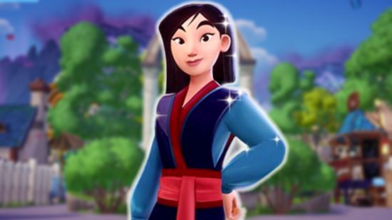 Mulan stands tall in front of a blurred background of Dreamlight Valley.