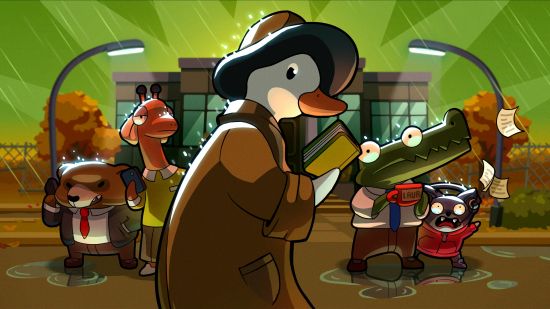 Duck Detective review: a duck wearing a trenchcoat and a fedora hat, holding a notebook.