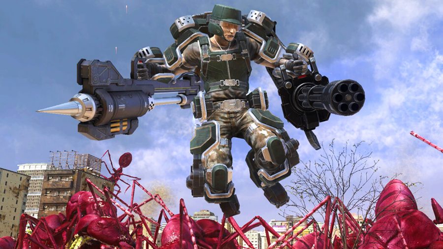 Earth Defense Force 6 - A soldier wearing a powered exosuit leaps over pink ant hordes.