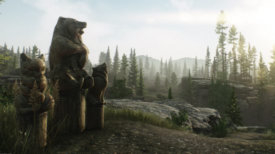 Escape From Tarkov - A set of fox, bear, and wolf statues in the wilderness.