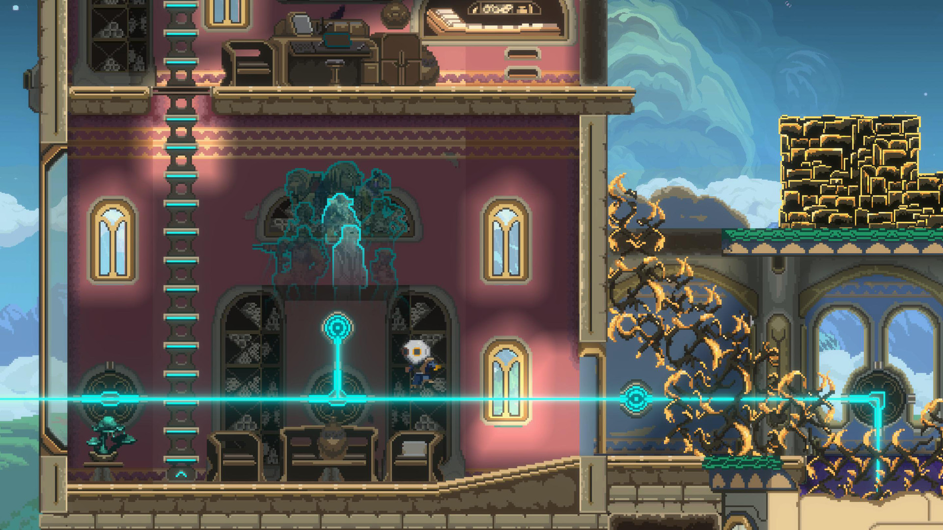 Exographe - Le protagoniste INI se tient sur un faisceau de lumière bleue traversant un bâtiment.