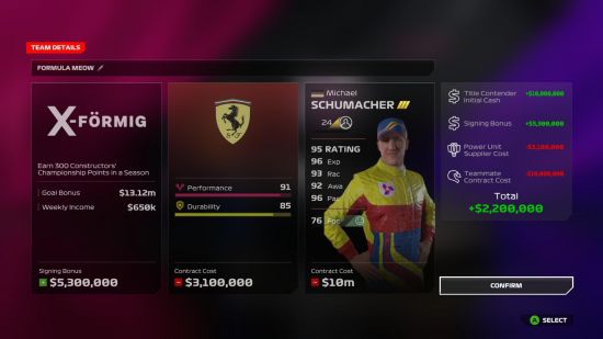 F1 24 review: The player makes MyTeam choices with regards to sponsor, engine, and their teammate, Michael Schumacher.