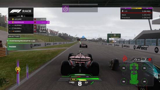 F1 24 review: The player is driving behind Charles Leclerc, while another driver, Fernando Alonso, attempts an overtake maneuver.
