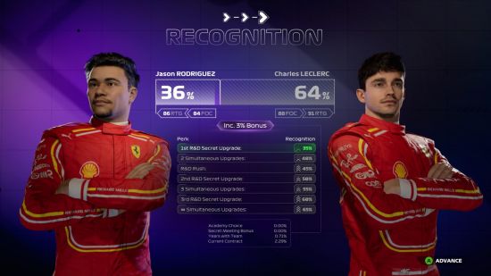 F1 24 review: The Recognition system shows the difference between the player’s character and their teammate’s acclaim.