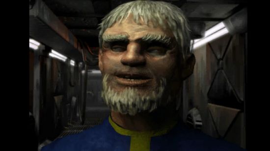 The overseer of Vault 13, an older man with short white hair and a messy beard.