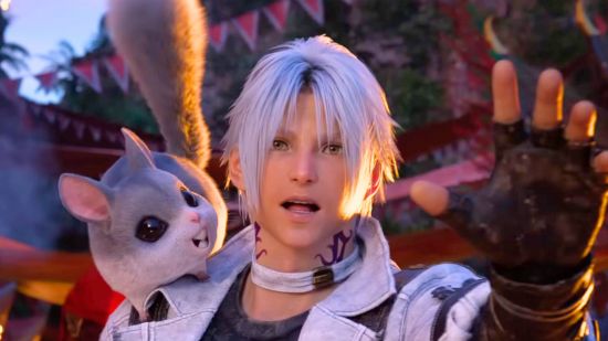 FF14 payment increase: a man with floppy white hair and a white collared jacked reaches out his left arm calling for someone, while a cute squirrel creature stands on his right shoulder