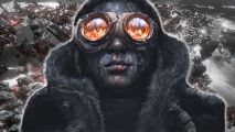 Frostpunk 2 story: a person wearing goggled and a hood, their skin is caked in oil and they have a large scar over their lips.