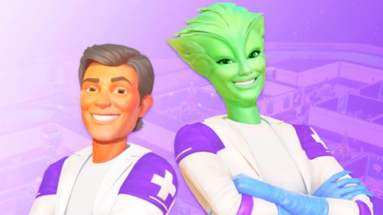Galacticare gets a launch date: A human and a green alien in doctor uniforms, from Galacticare.