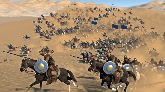 Games like Total War: An army charges across the desert on horseback, their battle flags emerging from the dust clouds kicked up by their battle chargers' hooves.