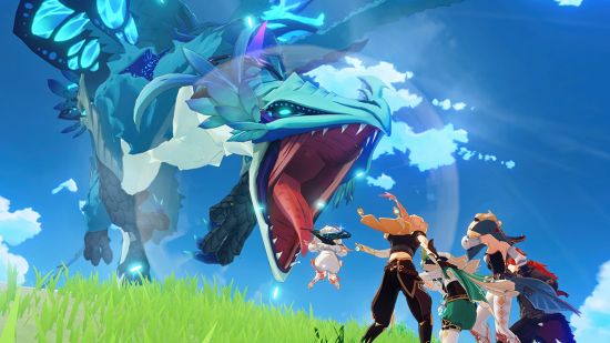 A large blue dragon roars at a group of anime characters stood on bright green grass in Genshin Impact, one of the best RPGs.