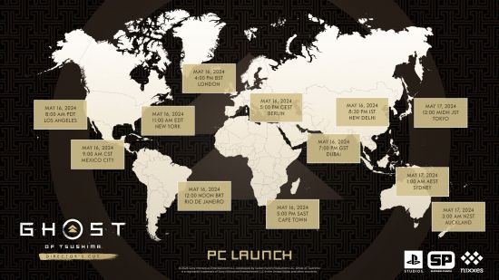 A map of the world showing when Ghost of Tsushima will launch in different regions.