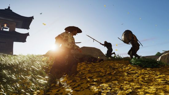 Ghost of Tsushima review: the protagonst takes on a pair of bandits.