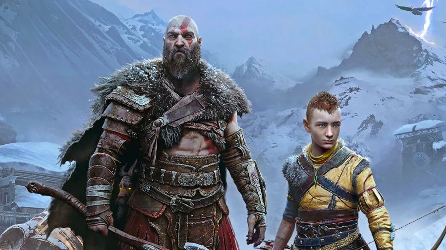 God of War Ragnarok: Kratos and Atreus stand together in the icy landscape of the Nine Realms.
